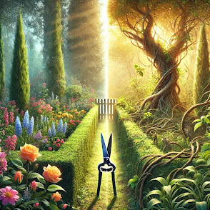 DALL·E 2025-02-15 12.01.32 - A realistic depiction of a lush, well-tended garden on one side and an overgrown, chaotic garden on the other, symbolizing spiritual pruning. The well